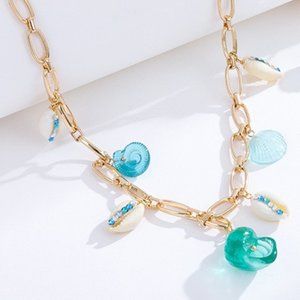 18K Gold Plated Sea Shell Glass Trinket Blue Charm Necklace